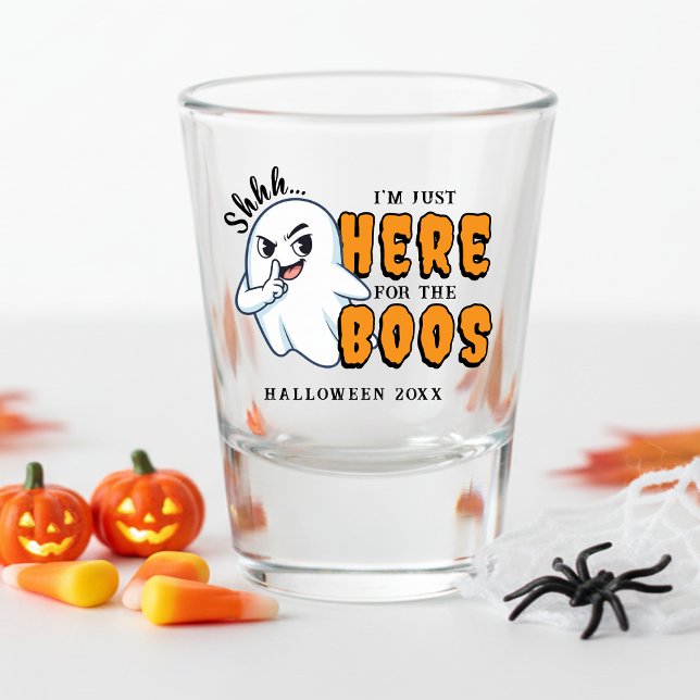 Vaso De Chupito Halloween es un divertido juego de palabras para l (Halloween Funny Ghost Pun Just Here for the Boos Shot Glass
)