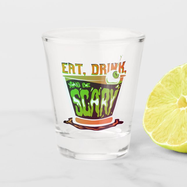 Vaso De Chupito Halloween Pun Come bebida y da miedo (Anverso)