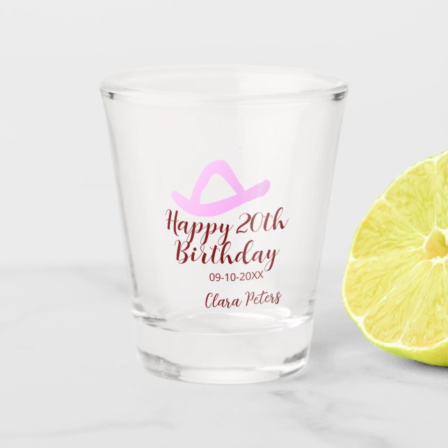 Vaso De Chupito Happy 20th birthday pink cowboy girl name date sim (Anverso)