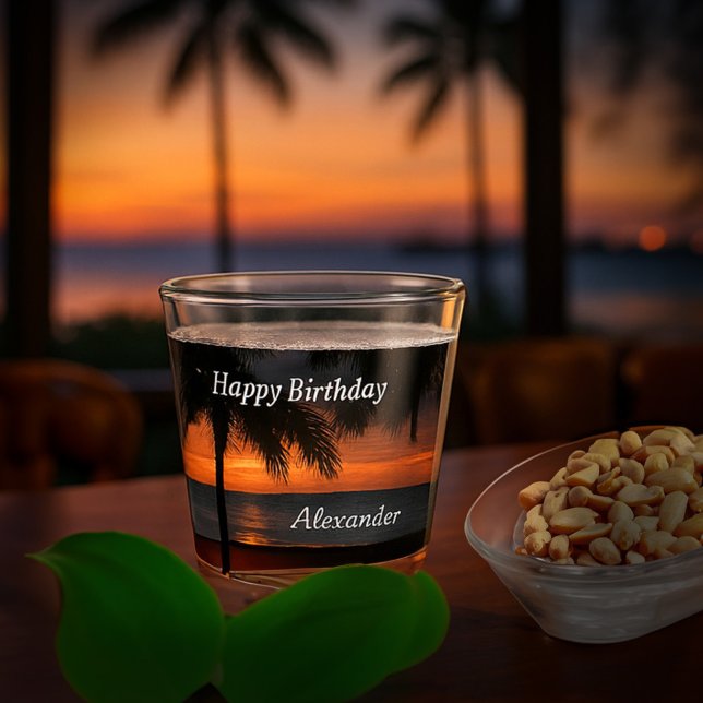 Vaso De Chupito Happy Birthday Men Sunset Tropical Trees Custom (Happy Birthday Men Sunset Tropical Trees Custom Shot Glass is great to give to guest as a keepsake. )