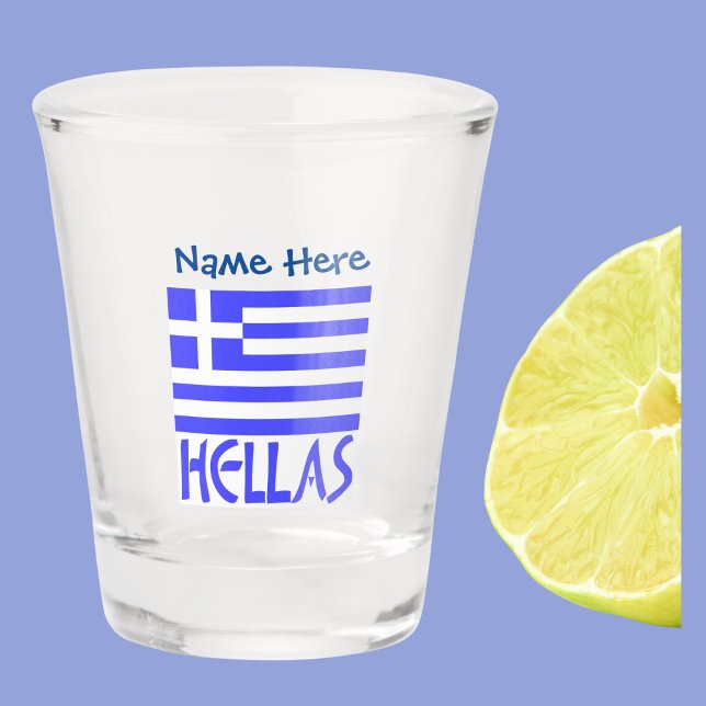 Vaso De Chupito Hellas Bandera Griega Personalización Azul (Shot glass with the Greek flag and the word HELLAS below in blue. Add à name above.)