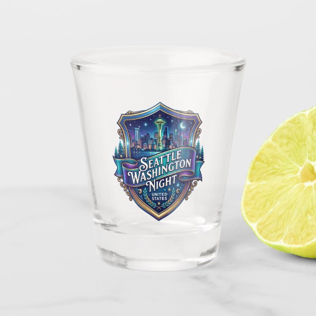 Vaso De Chupito Horizonte nocturno de Seattle, Washington (Anverso)