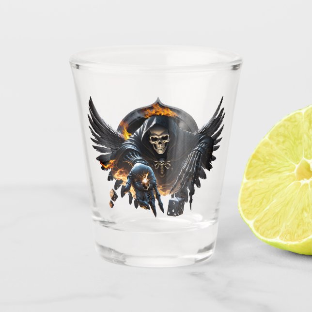 Vaso De Chupito Huesos y magia, esqueleto con dados místicos. (Anverso)