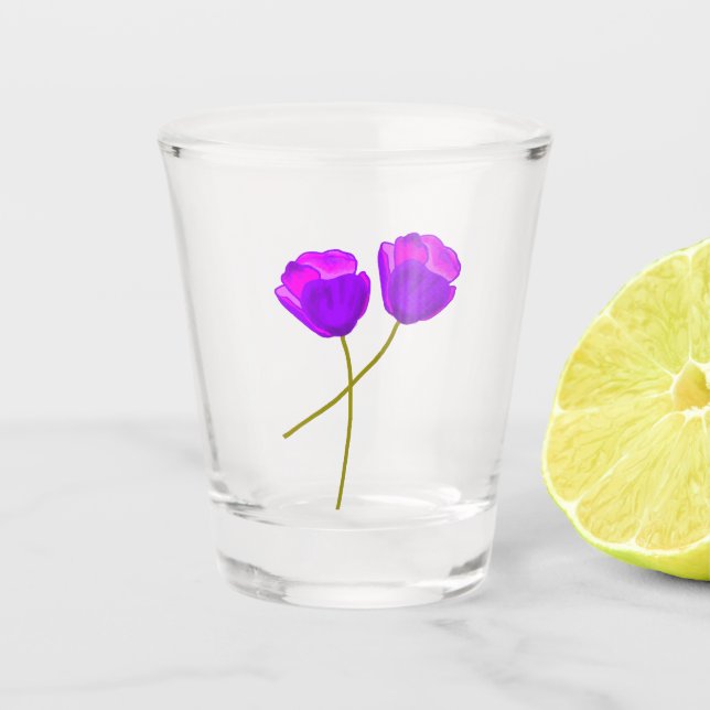 Vaso De Chupito Ilustracion de dos flores moradas de amapola (Anverso)