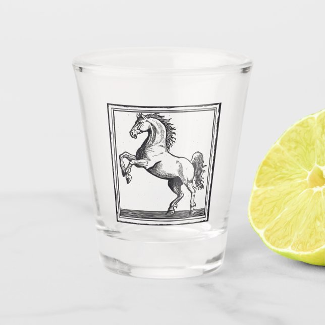 Vaso De Chupito Ilustracion ecuestre elegante de caballos de época (Anverso)