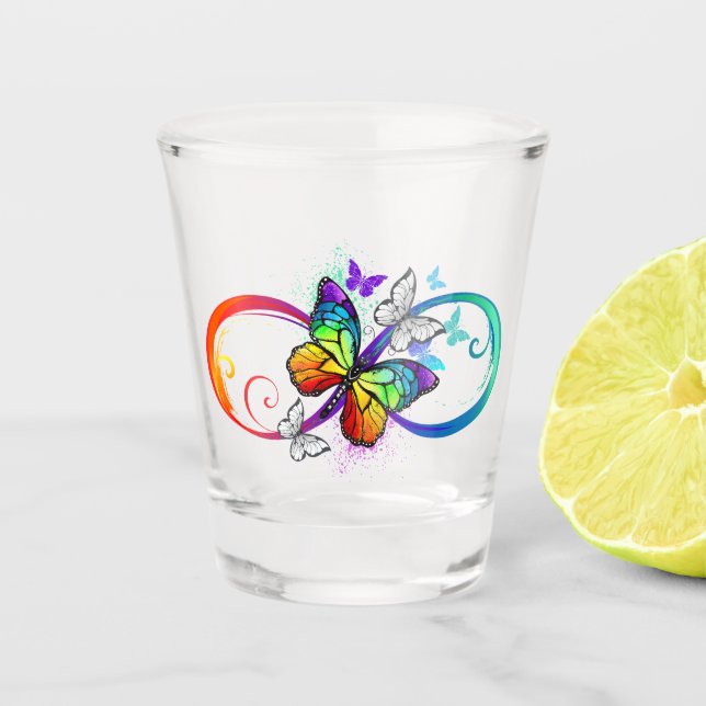 Vaso De Chupito Infinito brillante con mariposa arco iris (Anverso)