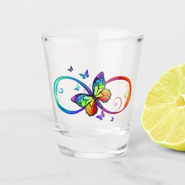 Vaso De Chupito Infinito vibrante con mariposa arco iris sobre neg (Anverso)
