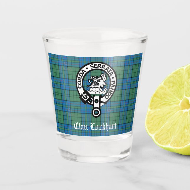 Vaso De Chupito Insignia del Escudo de Clan Lockhart y Tartán (Anverso)
