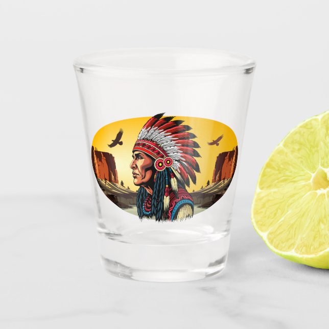 Vaso De Chupito Jefe nativo americano en el salvaje atardecer pais (Anverso)