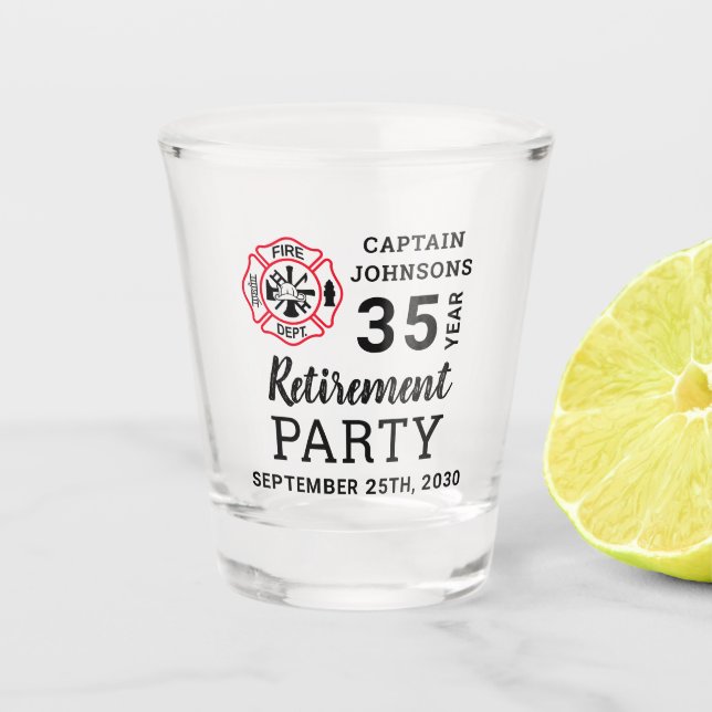 Vaso De Chupito Jubilación de bomberos Personalizada cruzada malte (Anverso)