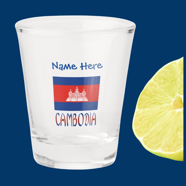 Vaso De Chupito La bandera camboyana es personalizada (Cambodian Flag on shot glass has the word CAMBODIA below in flag colors. Add name in blue text above)
