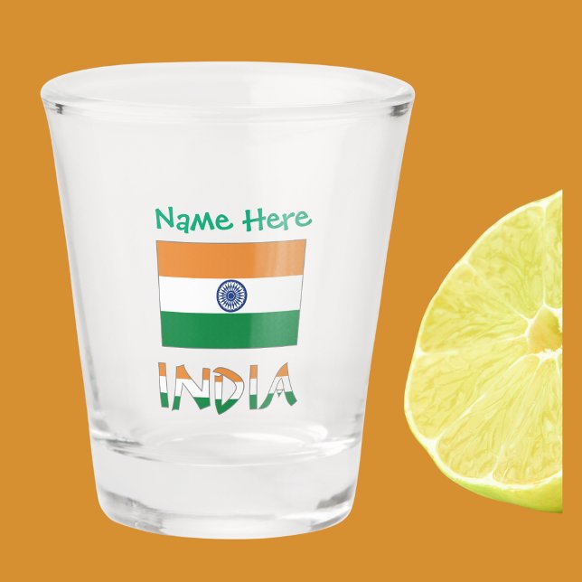 Vaso De Chupito La bandera india verde personalizada (Indian Flag on shot glass has the word INDIA below in flag colors. Add name in green text above.)