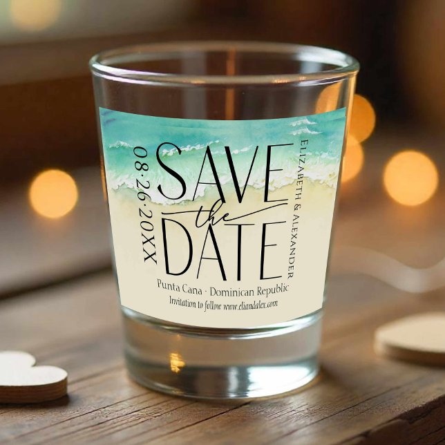 Vaso De Chupito La Caligrafía Tropical Beach Wedding Save The Date (Subido por el creador)
