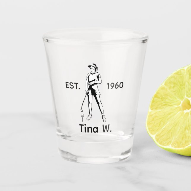 Vaso De Chupito Lady Golfer Nombre personalizado y año Whiskey (Anverso)