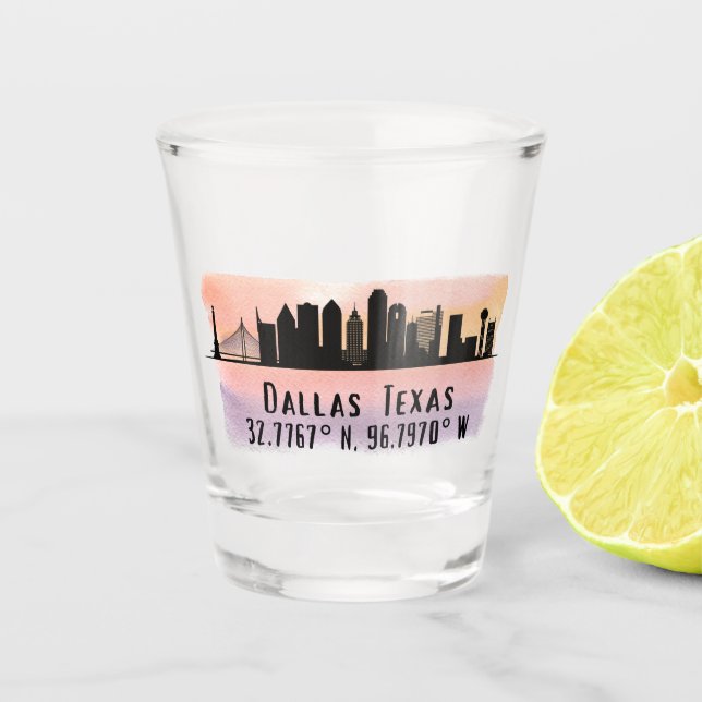 Vaso De Chupito Latitud y longitud del Skyline TX de Dallas (Anverso)