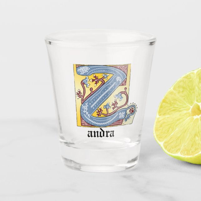 Vaso De Chupito Letra medieval azul y marfil rojo con iluminación  (Anverso)