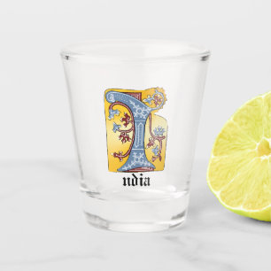 Vaso De Chupito Letra medieval azul y marfil rojo iluminada con le