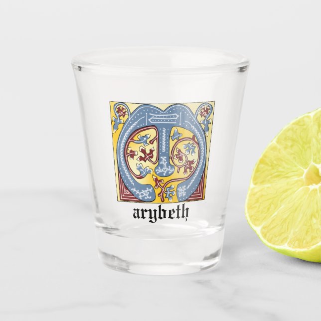 Vaso De Chupito Letra medieval azul y marfil rojo iluminada M (Anverso)