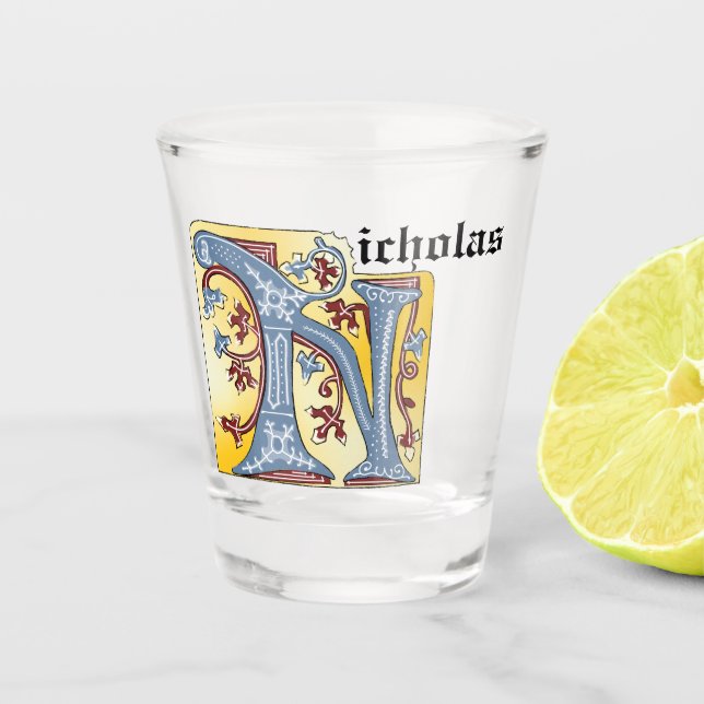 Vaso De Chupito Letra medieval azul y marfil rojo iluminada N (Anverso)