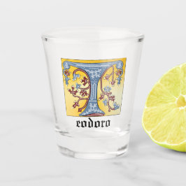Vaso De Chupito Letra medieval azul y marfil rojo iluminada T