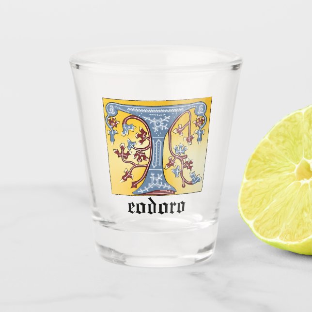 Vaso De Chupito Letra medieval azul y marfil rojo iluminada T (Anverso)