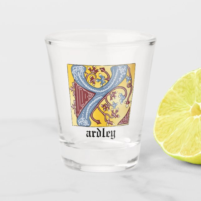 Vaso De Chupito Letra medieval azul y marfil rojo iluminada Y (Anverso)