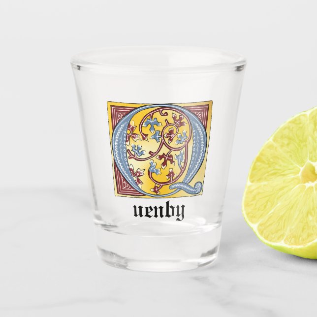 Vaso De Chupito Letra medieval azul y roja marfil iluminada Q (Anverso)