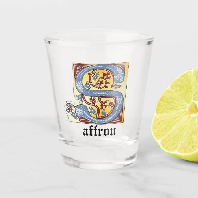 Vaso De Chupito Letra S iluminada con hiedra azul y roja medieval (Anverso)