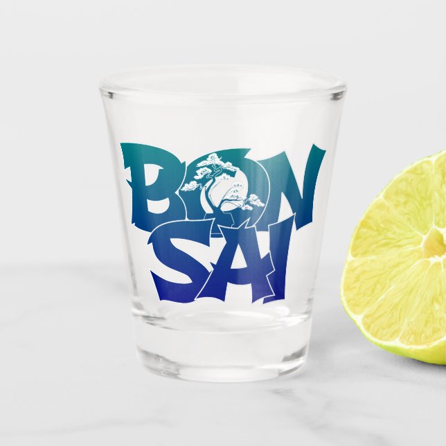 Vaso De Chupito Leyendo 'BONSAI' con vidrio caliente del árbol de  (Anverso)