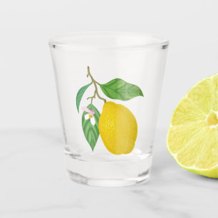 Vaso De Chupito Limón amarillo con hojas verdes y flores blancas