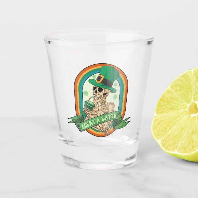 Vaso De Chupito Lucky A Latte - Skeleton, Café y Clovers (Anverso)