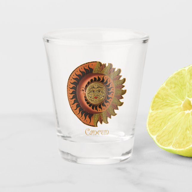 Vaso De Chupito Luna y reloj de sol maya de Cancún (Anverso)