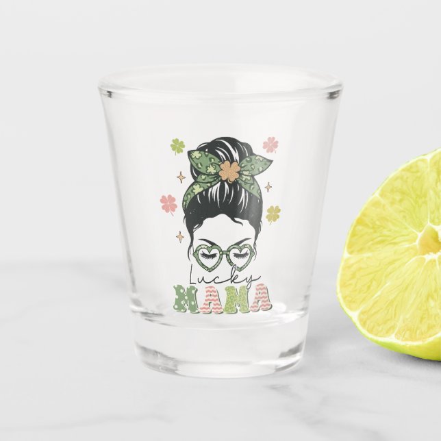 Vaso De Chupito Mamá afortunada - Messy Bun - Clover St. Patrick (Anverso)