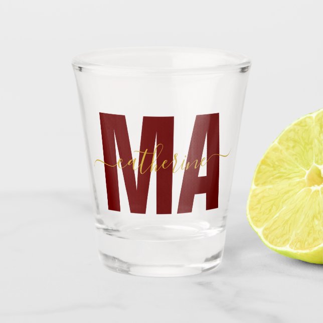 Vaso De Chupito Mamáes personalizadas Maestría en Artes Maroon y O (Anverso)