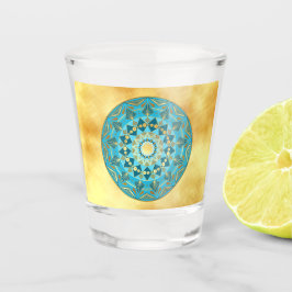 Vaso De Chupito Mándala azul dorado sobre fondo de oro suave