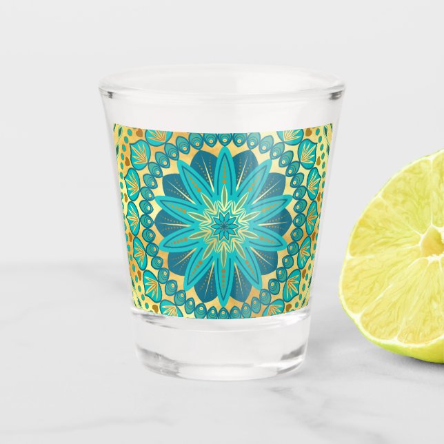 Vaso De Chupito Mandalala Flor de Oro Azul (Anverso)