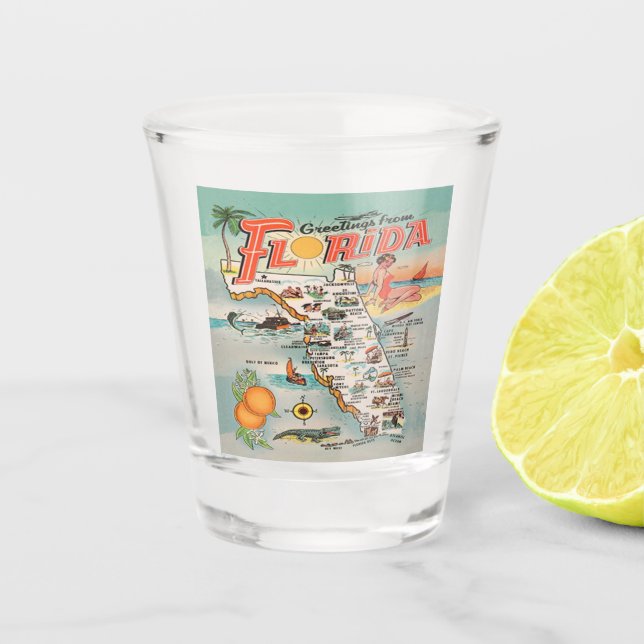 Vaso De Chupito Mapa de la vieja Florida con ilustraciones retro (Anverso)