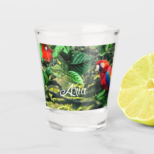 Vaso De Chupito Maqueta de loro escarlata en la jungla con flores (Anverso)