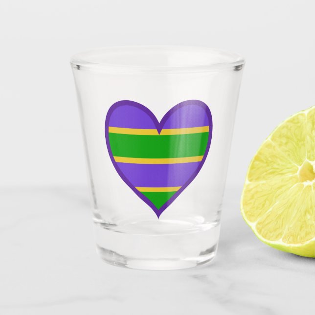 Vaso De Chupito Mardi Gras Corazón púrpura rayado (Anverso)