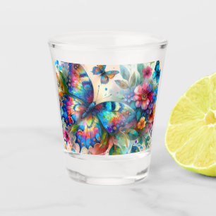 Vaso De Chupito Mariposa acuarela Flores Florales Rosa Azul