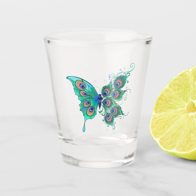 Vaso De Chupito Mariposa con plumas de pavo real verde (Anverso)
