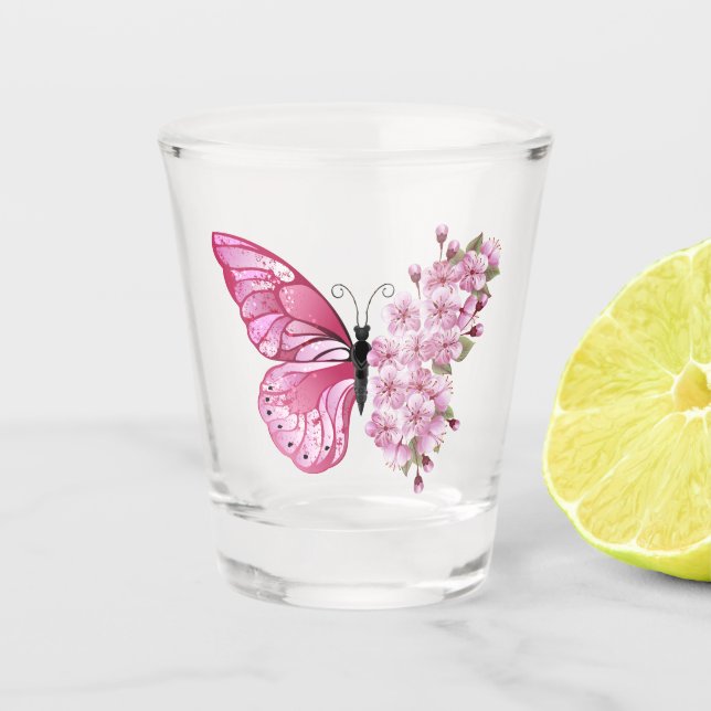 Vaso De Chupito Mariposa de flores con Sakura rosa (Anverso)