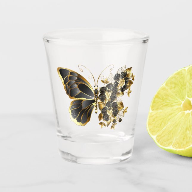 Vaso De Chupito Mariposa de flores de oro con orquídea negra (Anverso)
