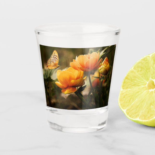 Vaso De Chupito Mariposa y flores naranjas (Anverso)