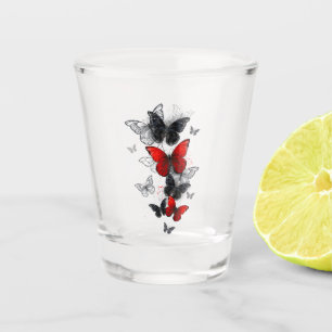 Vaso De Chupito Mariposas Morpho voladoras negras y rojas