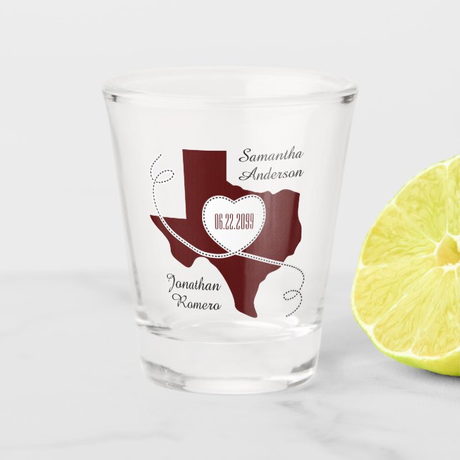 Vaso De Chupito Maroon Texas Curling Ribbon Boda Fecha (Anverso)