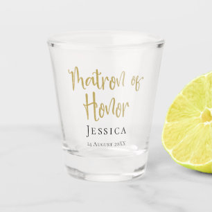 Vaso De Chupito Matrón de honor Gold Script Nombre de fecha tipogr