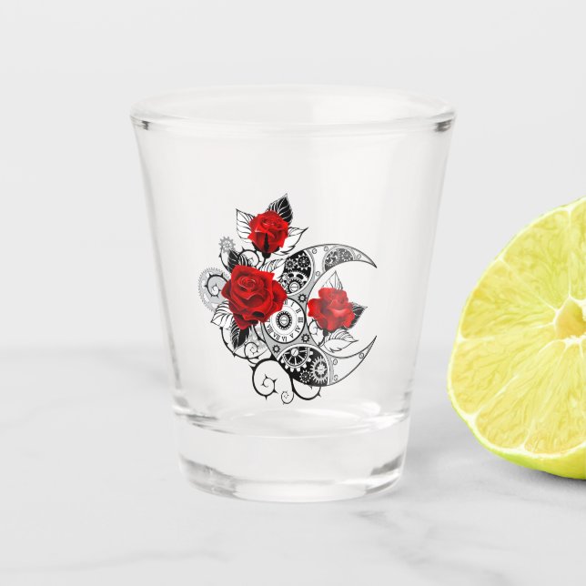 Vaso De Chupito Media luna mecánica con rosas rojas (Anverso)