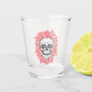 Vaso De Chupito ¡Memento Mori! Calavera y Rosas, mano dibujada