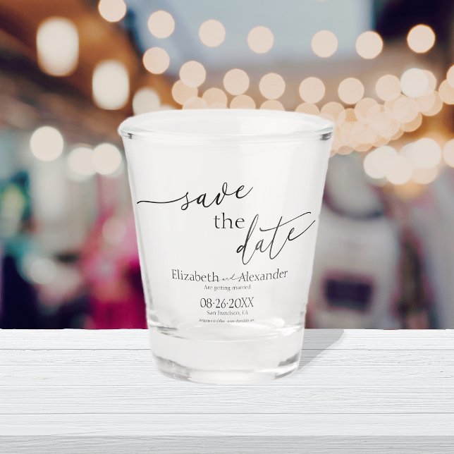 Vaso De Chupito Mínimo Fancy Black & White Script Save the Date (Subido por el creador)